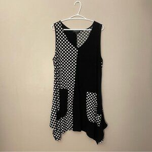 Red Coral Shark Bite Hem Contrasting Black & White Sleeveless Polka Dot Tunic